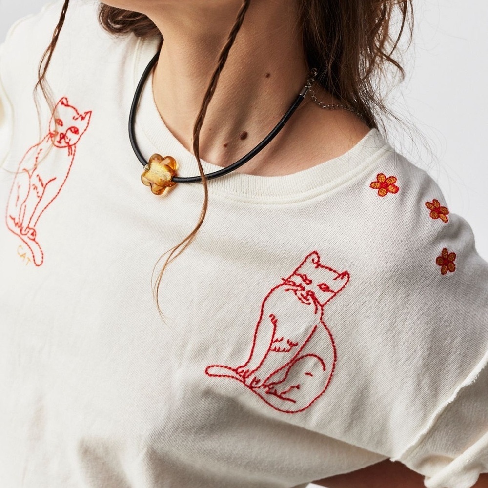 Free People White Tee with Orange Cat Embroidery